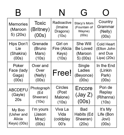 00s 10s and 20s Music Bingo Card