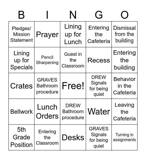 Back to School Bingo Card