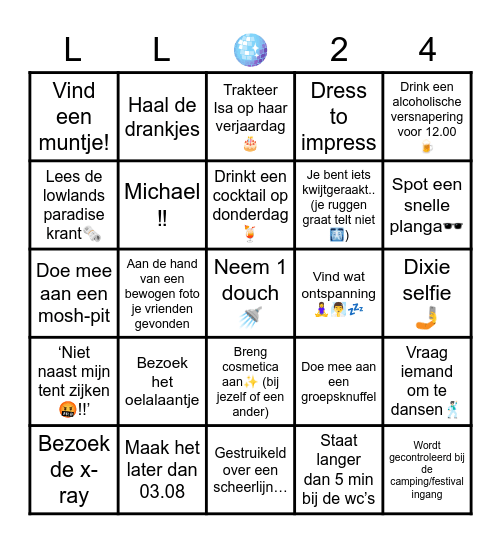 👩‍🎤Lowlands bingo🧑‍🎤 Bingo Card