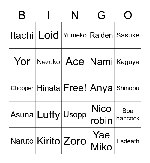 Anime Doods Bingo Card