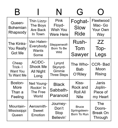 Radio Bingo Classic Rock Bingo Card