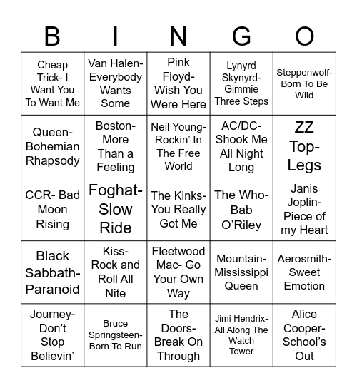 Radio Bingo Classic Rock Bingo Card