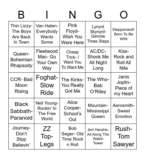 Radio Bingo Classic Rock Bingo Card