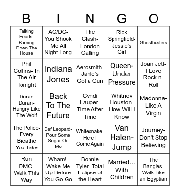 Radio Bingo Remember The 80's Bingo Card