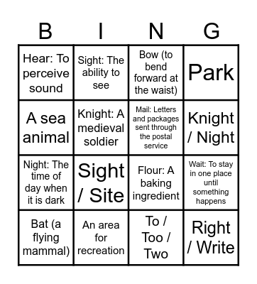 Homonyms and Homophones Bingo Card