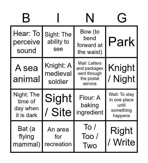 Homonyms and Homophones Bingo Card