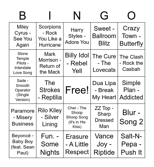 Music Bingo Brunch 8/11 Bingo Card