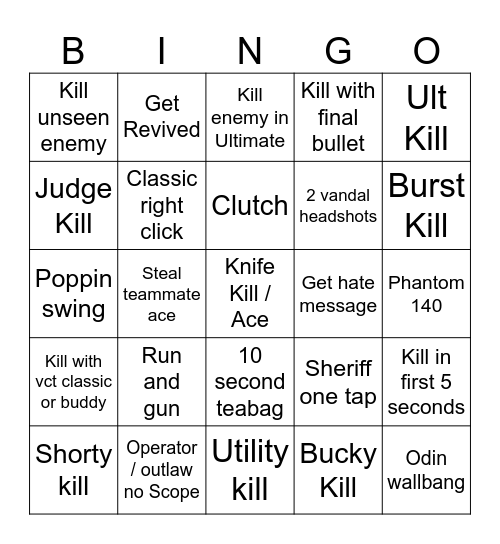 Valorant Bingo Card