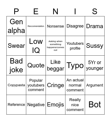 Long Formed Youtube Comments Bingo Card