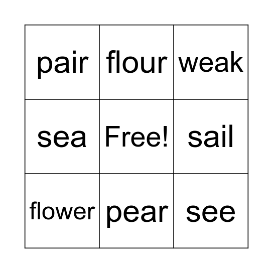 Homophone Bingo Card
