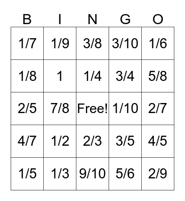 Fraction Bingo Card