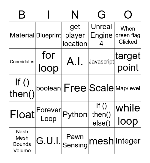 Vocabulary Bingo  (Block/unreal engine edition) Bingo Card