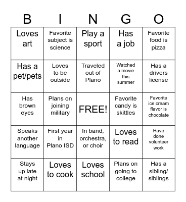 First Day Bingo Card