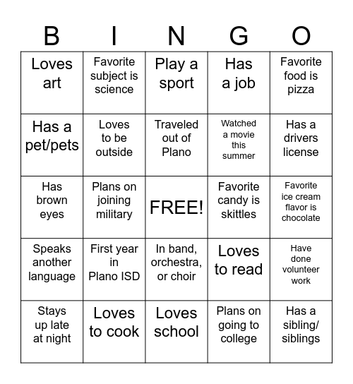 First Day Bingo Card