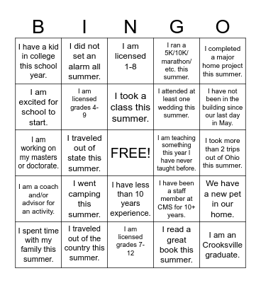 Staff Back to School Bingo Card