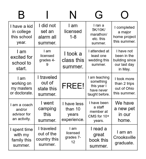 Staff Back to School Bingo Card