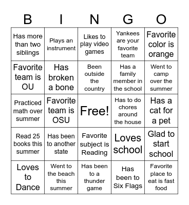 First Day of School Bingo Card