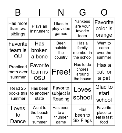 First Day of School Bingo Card