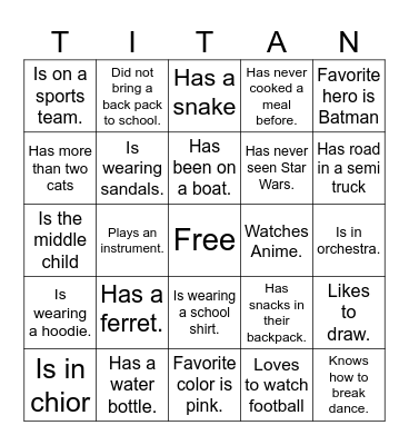 Get to know your classmates Bingo Card
