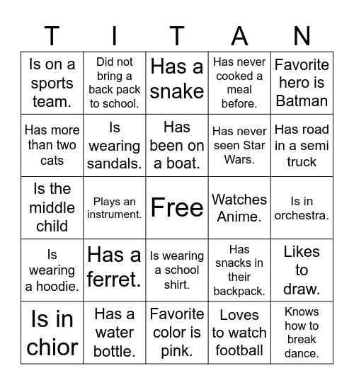 Get to know your classmates Bingo Card