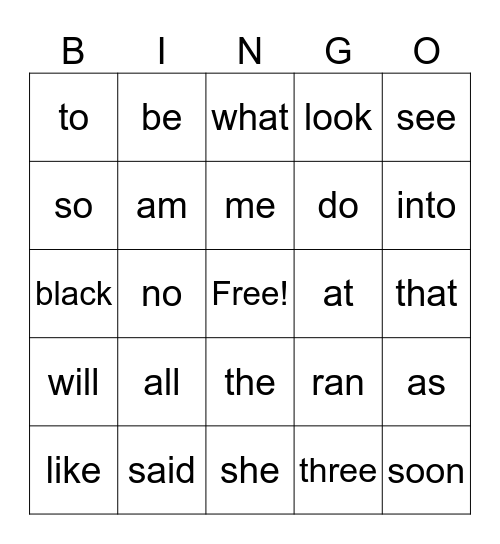 KG sight words Bingo Card