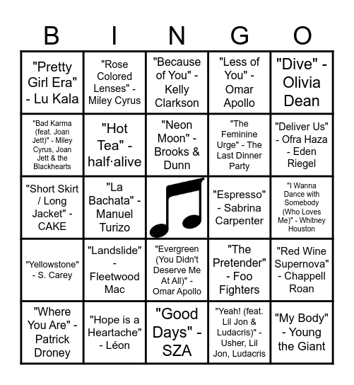Song Bingo 1 Bingo Card