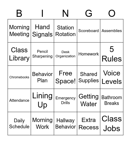 Our Classroom Routines BINGO Card