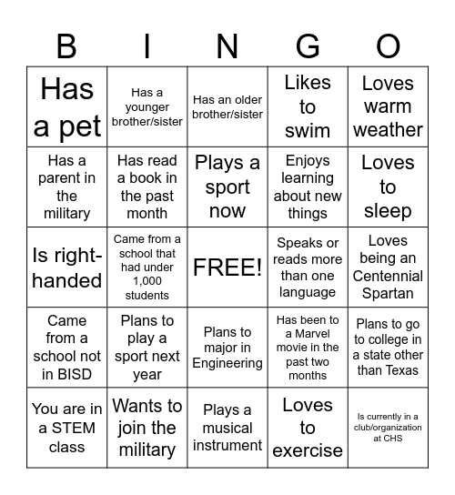 New Student Bingo Card