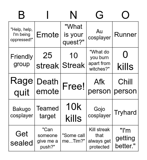 Heroes battlegrounds Bingo Card