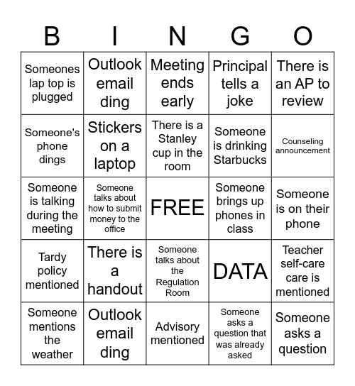 Teacher Staff Meeting Bingo Card