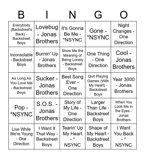 BOY BANDS VS. GIRL GROUPS Bingo Card