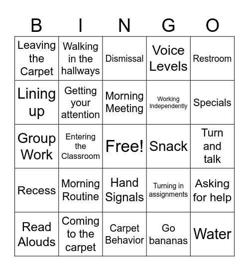 Classroom Routines Bingo Card