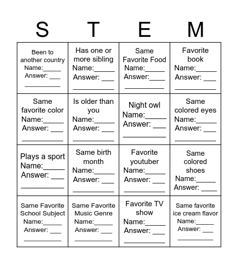 Classmate Bingo Card