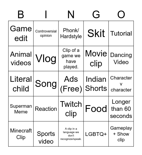 YouTube shorts Bingo Card