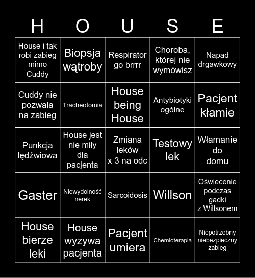 Dr. House Bingo Card