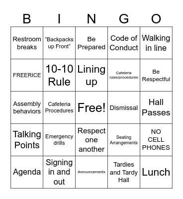 Classroom Procedures Bingo Card