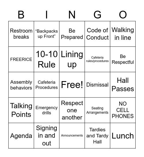 Classroom Procedures Bingo Card