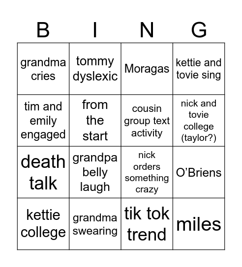Olson dinner bingo Card