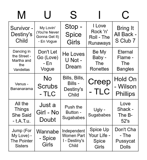 BOY BANDS VS. GIRL GROUPS Bingo Card