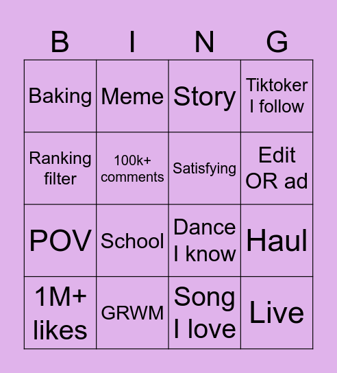 Tiktok Search Bingo Card