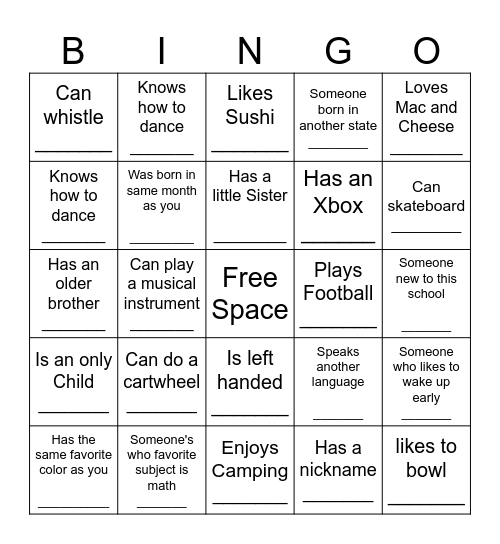 YOUTH HUMAN BINGO Card