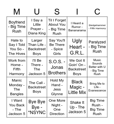 BOY BANDS VS. GIRL GROUPS Bingo Card
