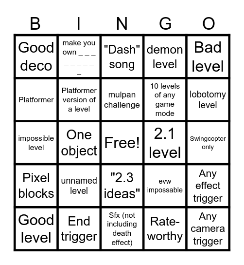 Geometry Dash 2.2 Recent Tab Bingo Card