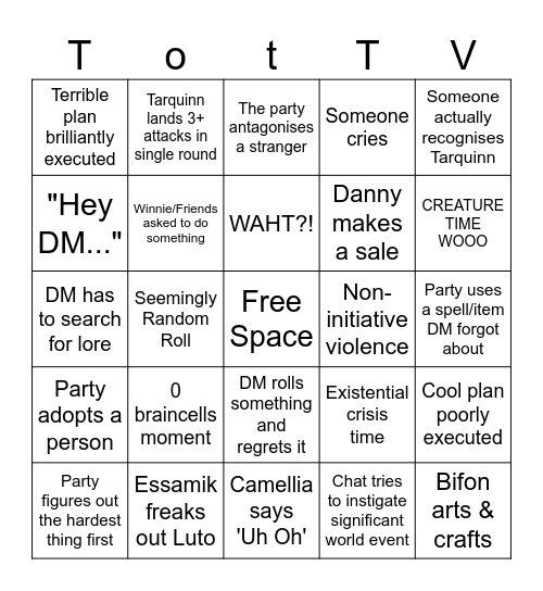 TotTV Bingo Card