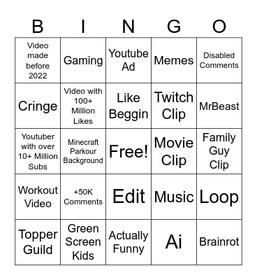 Youtube Bingo Card