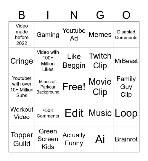 Youtube Bingo Card