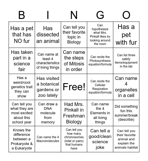 AP BIOLOGY (Ice breaker) Bingo Card