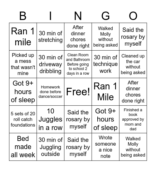 O'Brien's Bingo Week 1 Bingo Card