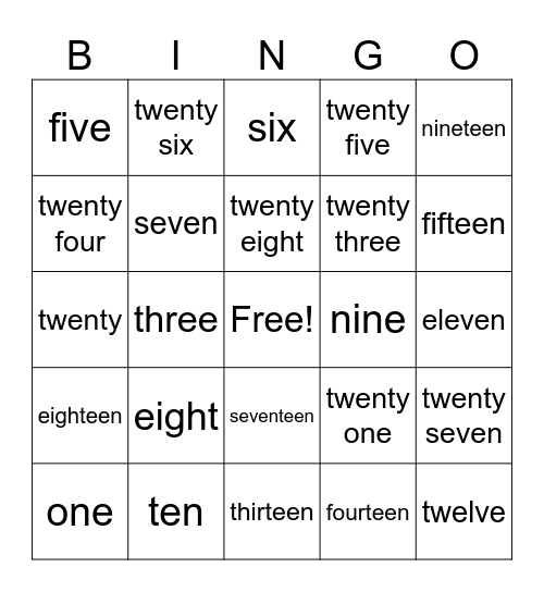 1-29 Bingo Card