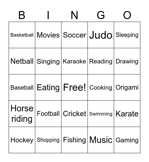 Hobbies Bingo Card